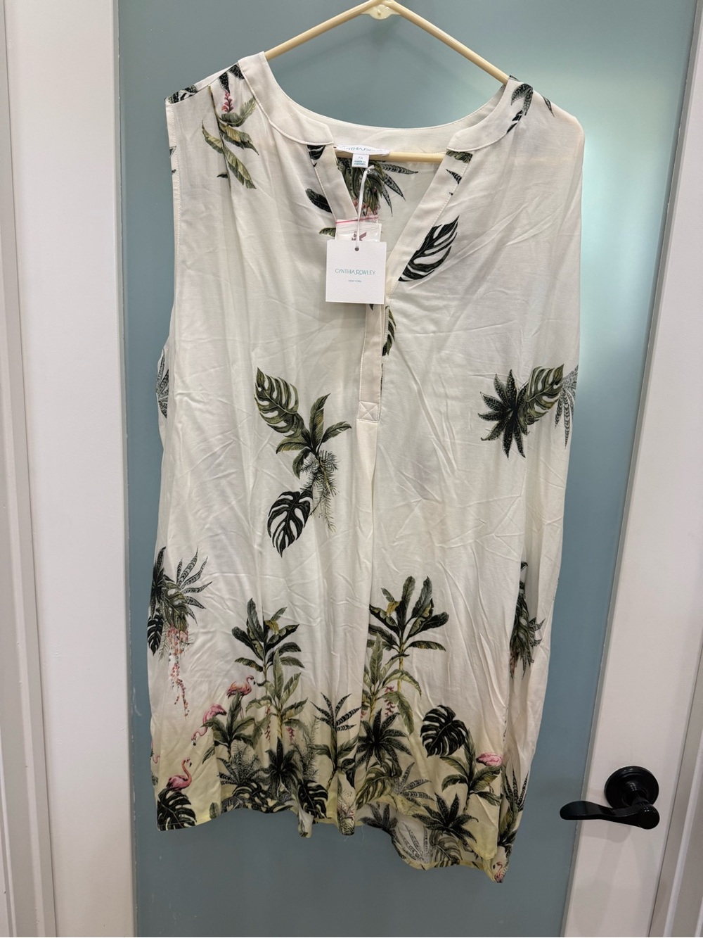 Cynthia Rowley Cream Tropical Midi Dress with Green Leaf Print